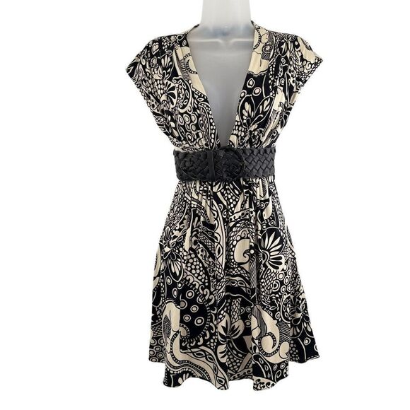Sky Deep V Neck Leather Belted Stretch Silk Black Ivory Dress Size XS Paisley - Picture 1 of 10